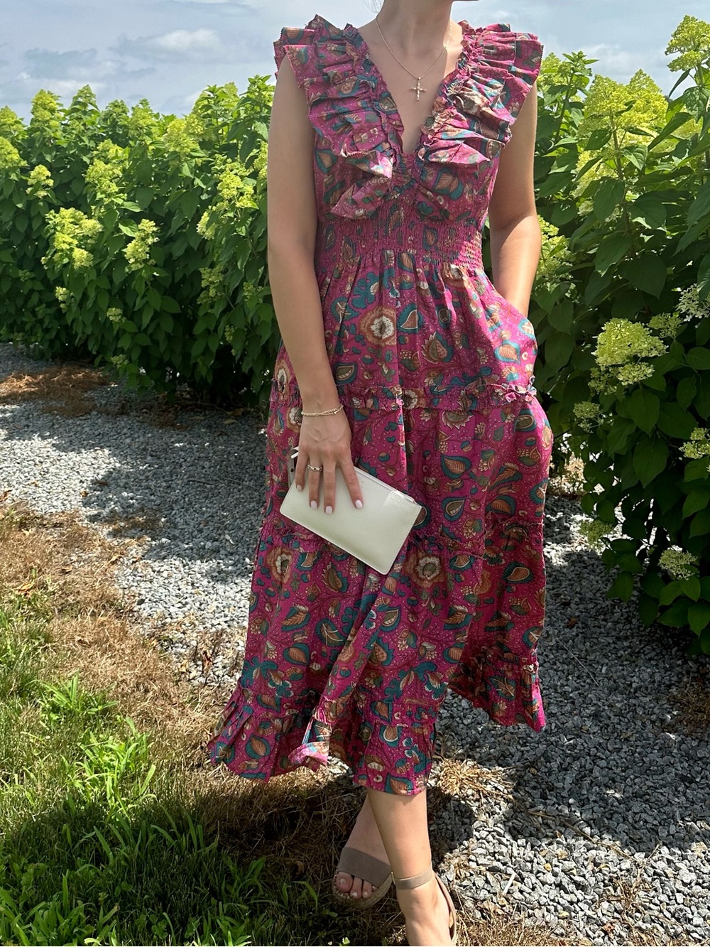 Ruffled V-Neck Midi Dress in Magenta Paisley